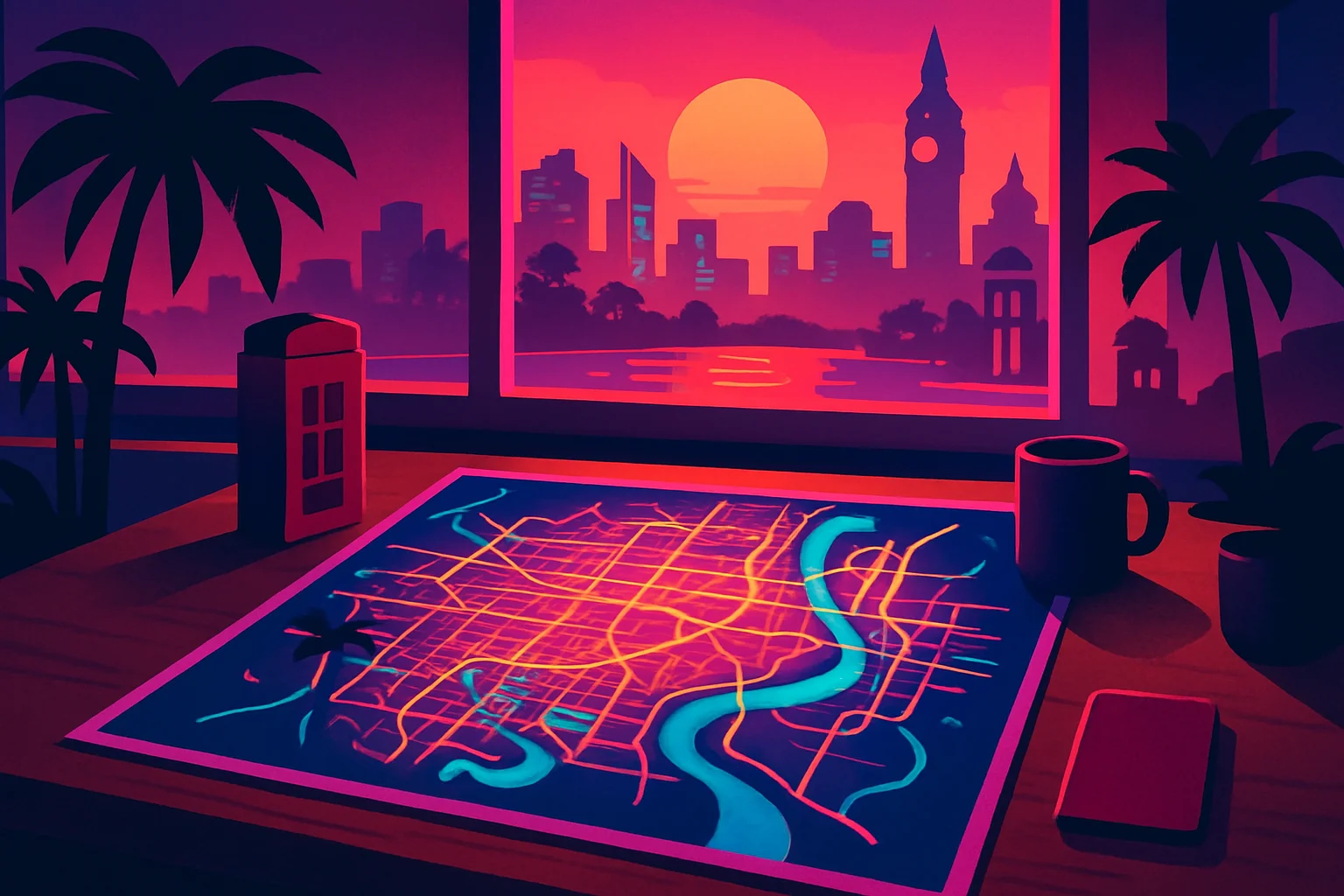 Stylized fictional London-inspired road map at sunset — illustration