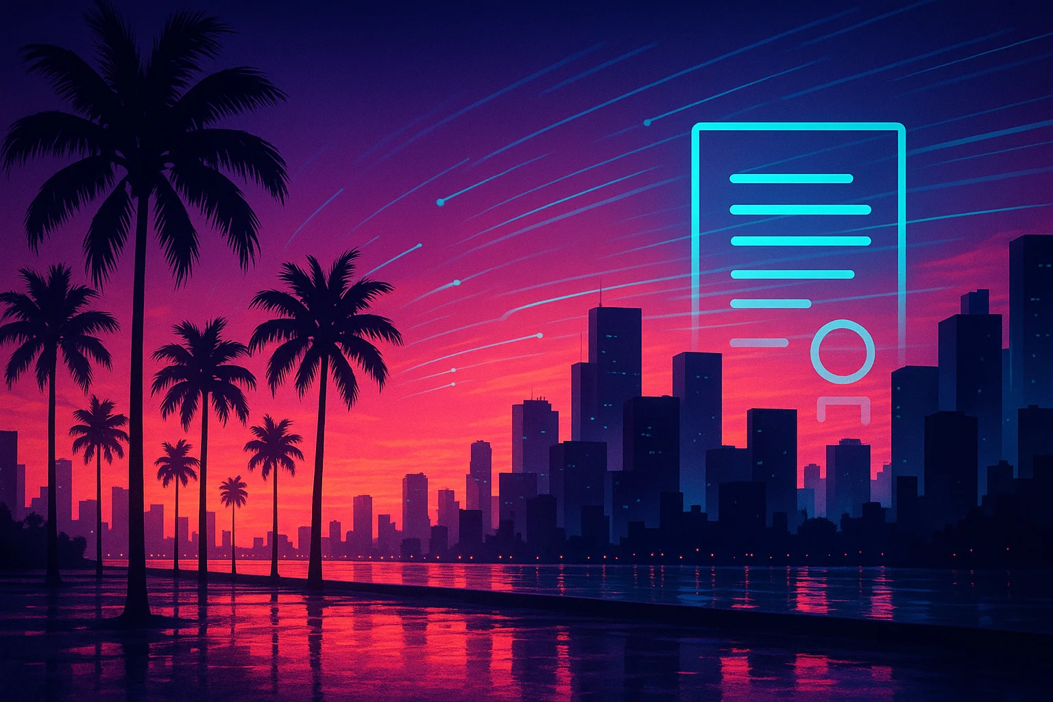 neon waterfront skyline with palm trees and a digital legal notice — illustration