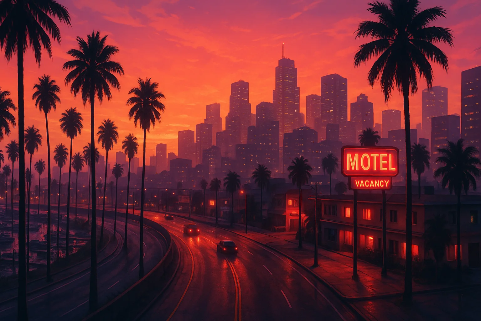 neon coastal skyline with highway traffic at sunset — illustration
