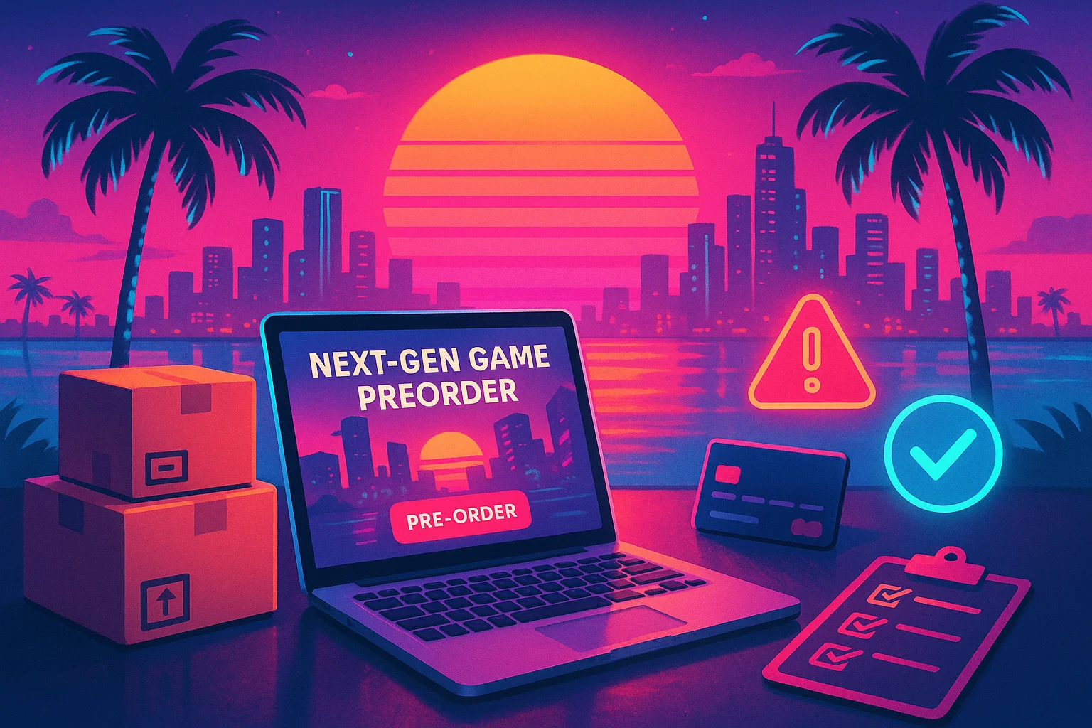 game box preorder page and marketplace warning symbols — illustration