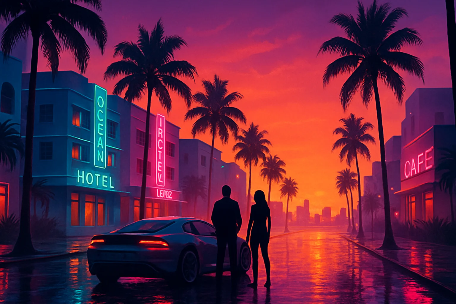 Neon-lit coastal city street at sunset with two anonymous figures beside a sports car — illustration