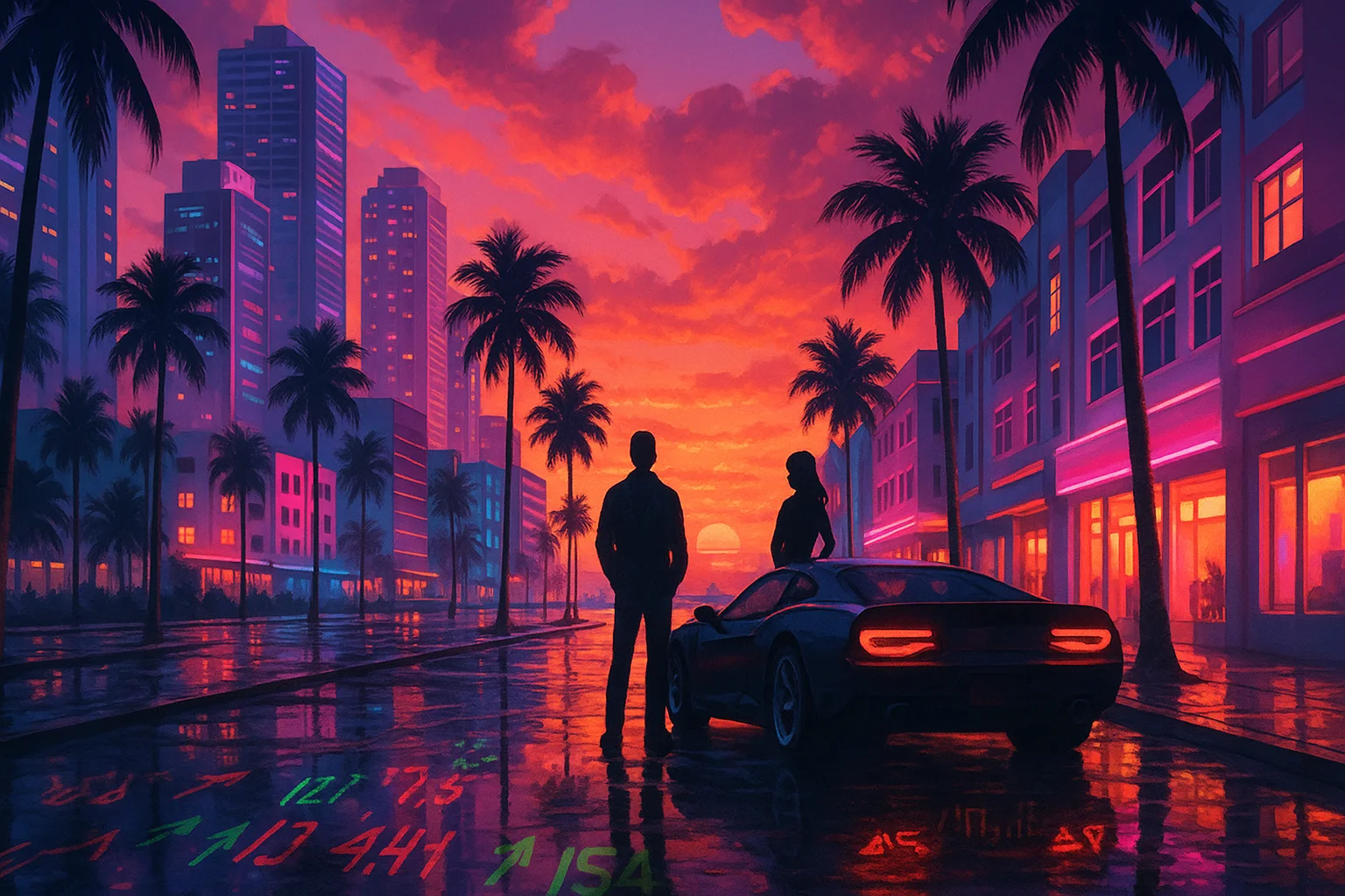 Neon coastal boulevard at sunset with sports cars and palm trees — illustration