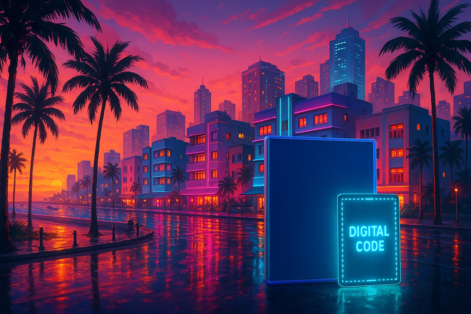 neon coastal boulevard at sunset with a game case and digital code card — illustration