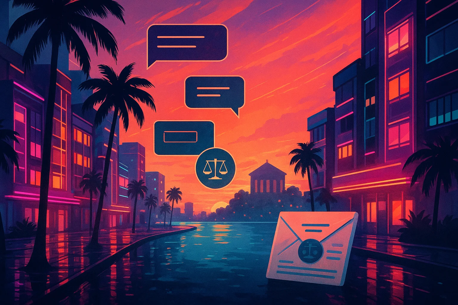 Neon coastal city skyline reflected in rain-soaked streets — illustration