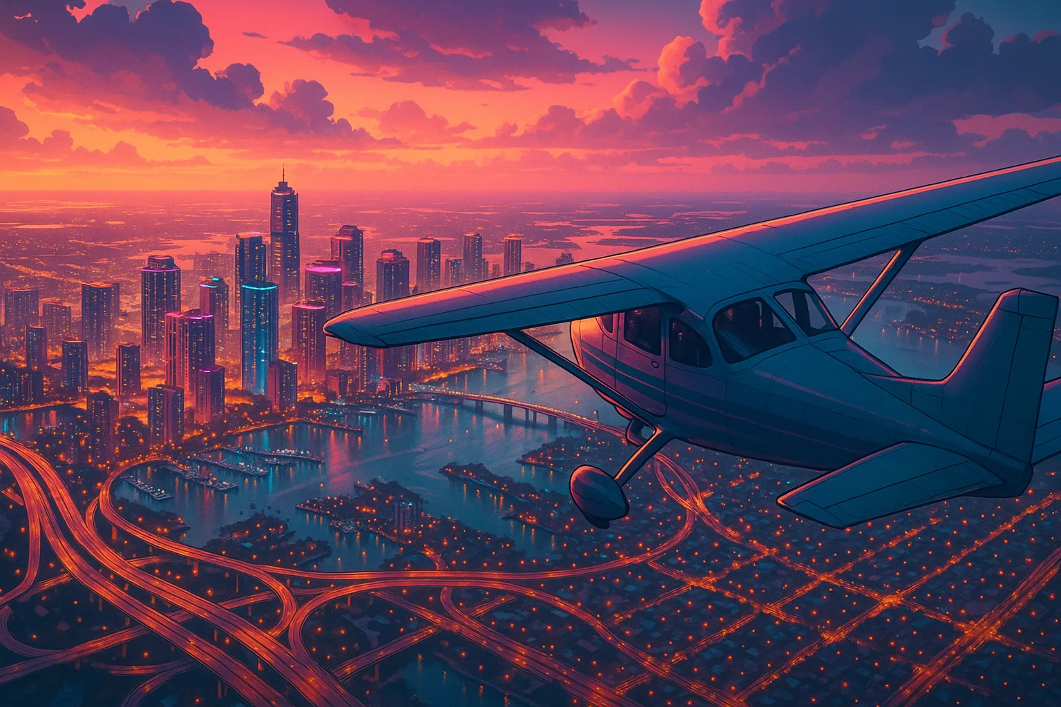 Sunset skyline above a fictional neon coastal city — illustration