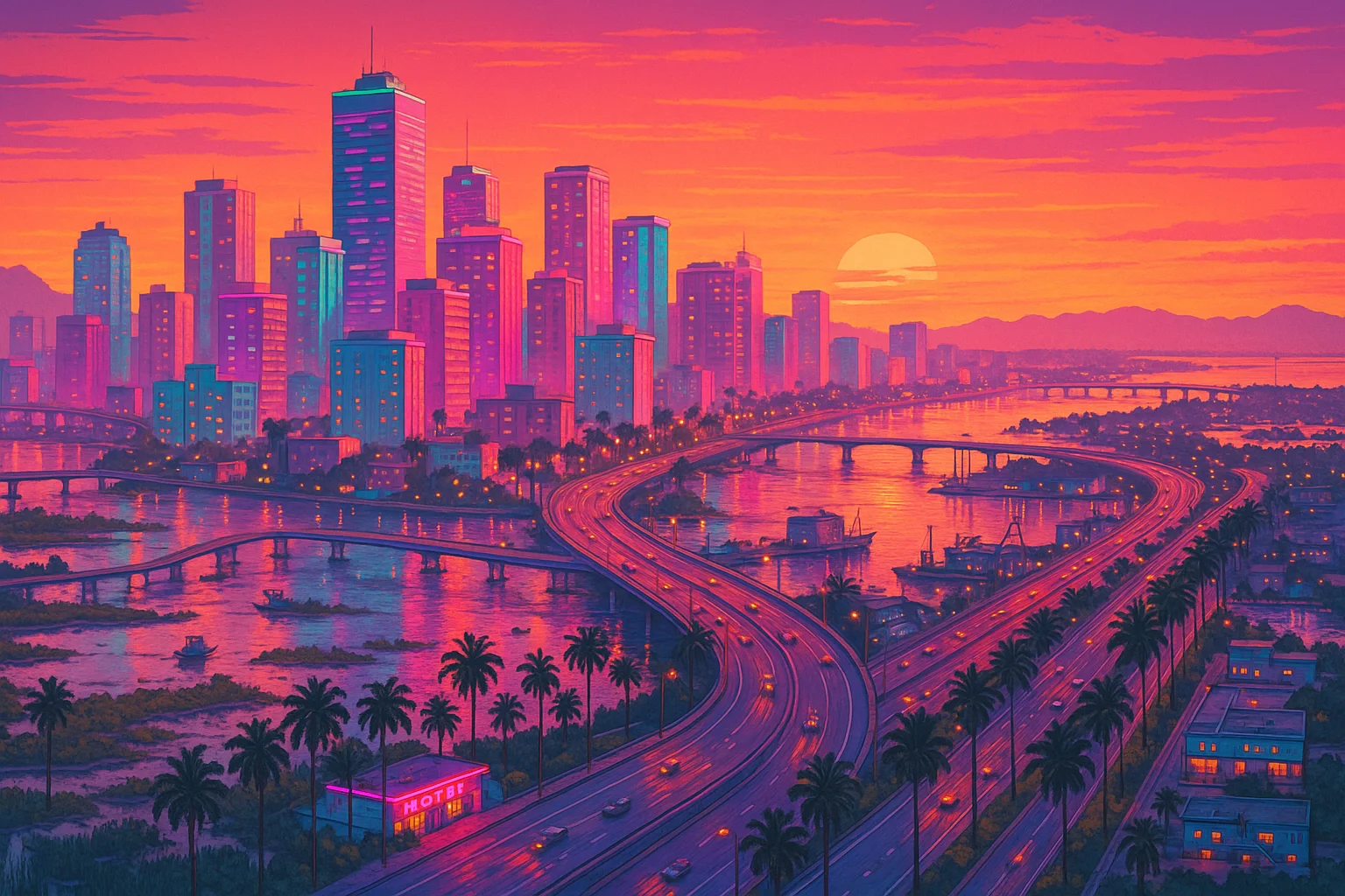 neon coastal skyline, wetlands and highways evoking a sprawling crime-game state — illustration