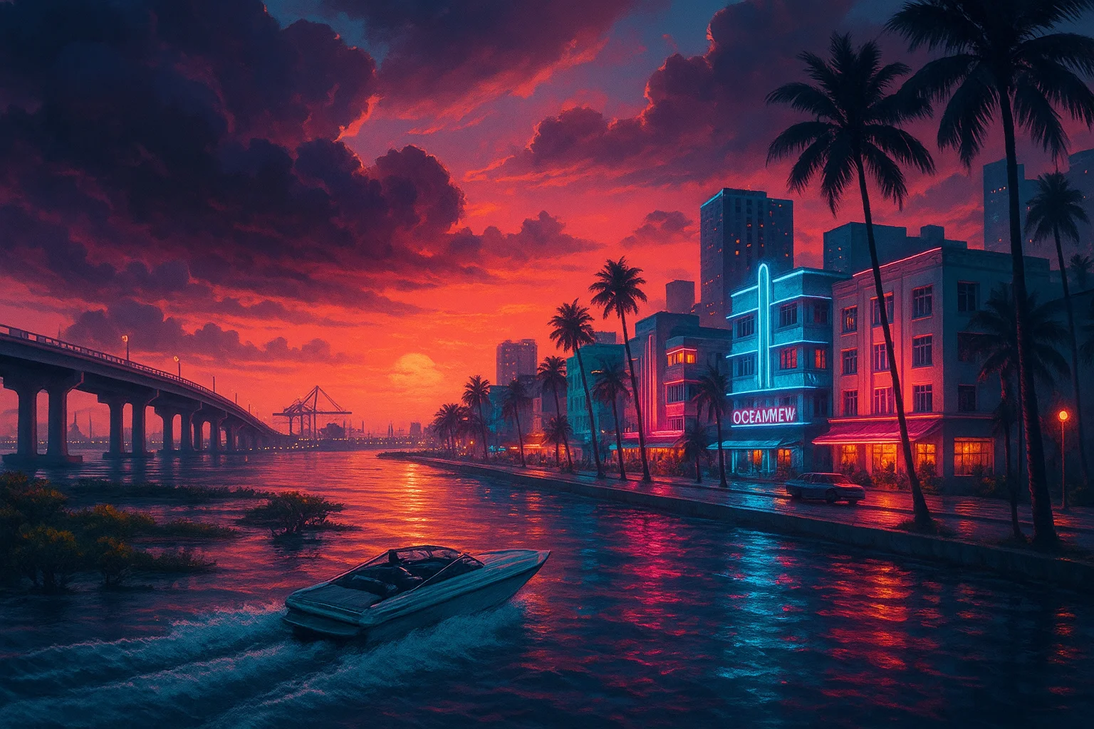 neon coastal boulevard, wetlands and distant skyline at sunset — illustration