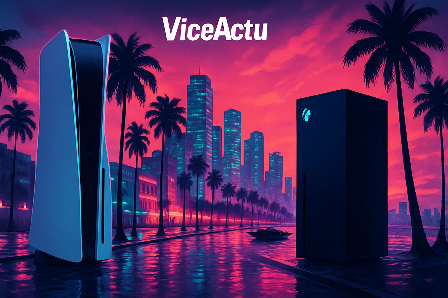Neon coastal skyline at sunset beside two generic game consoles — illustration