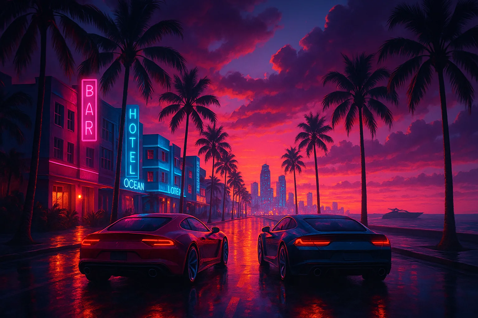 Neon coastal city skyline at sunset with sports cars — illustration