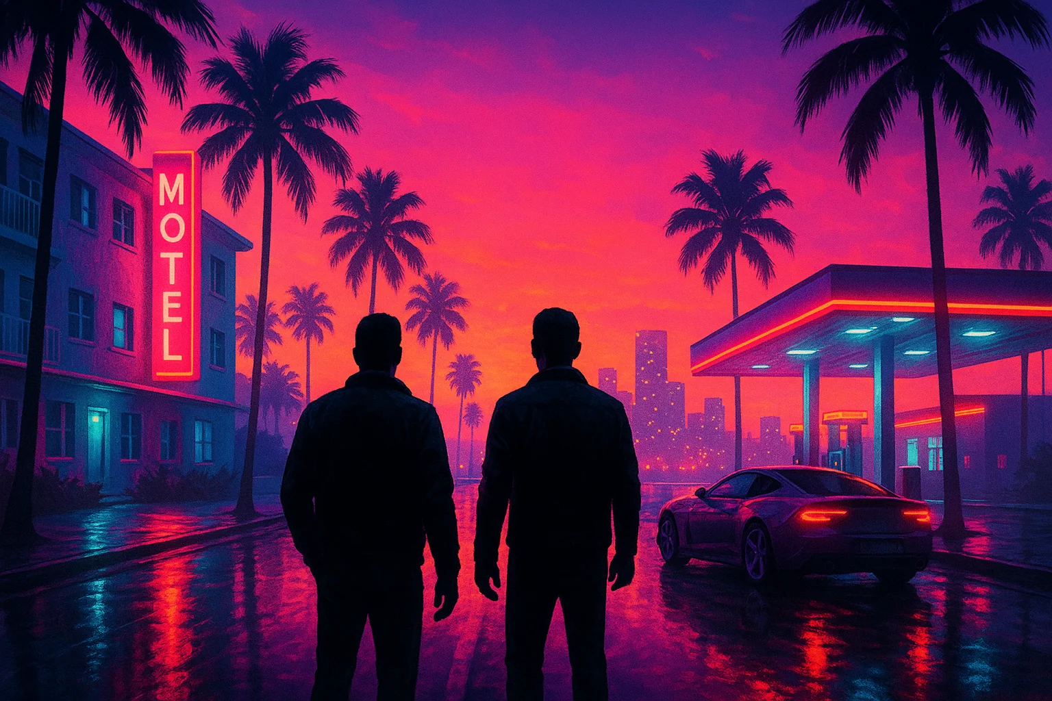 neon coastal boulevard with a car beside a glowing fuel station — illustration