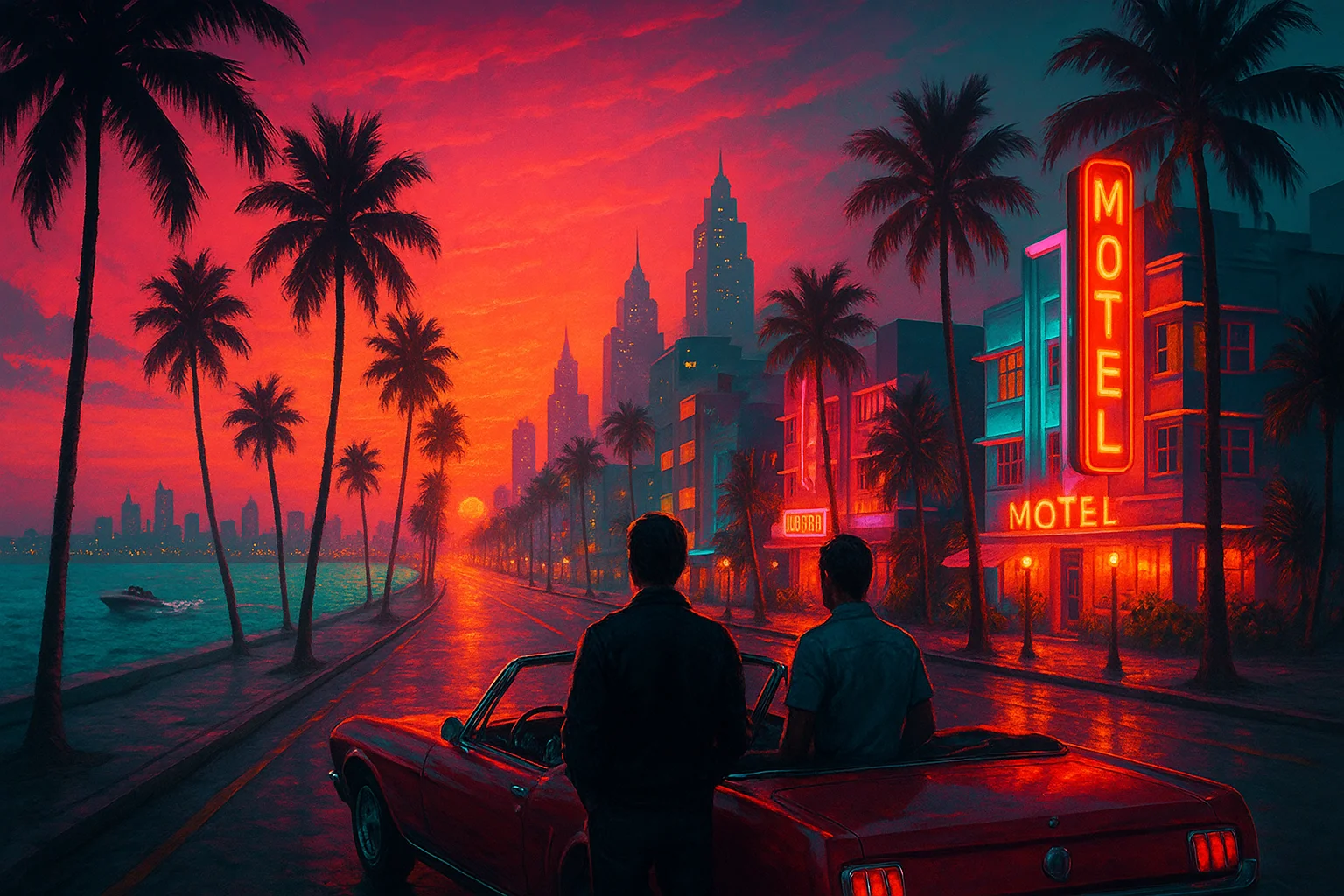 Neon coastal skyline with speedboats at sunset — illustration