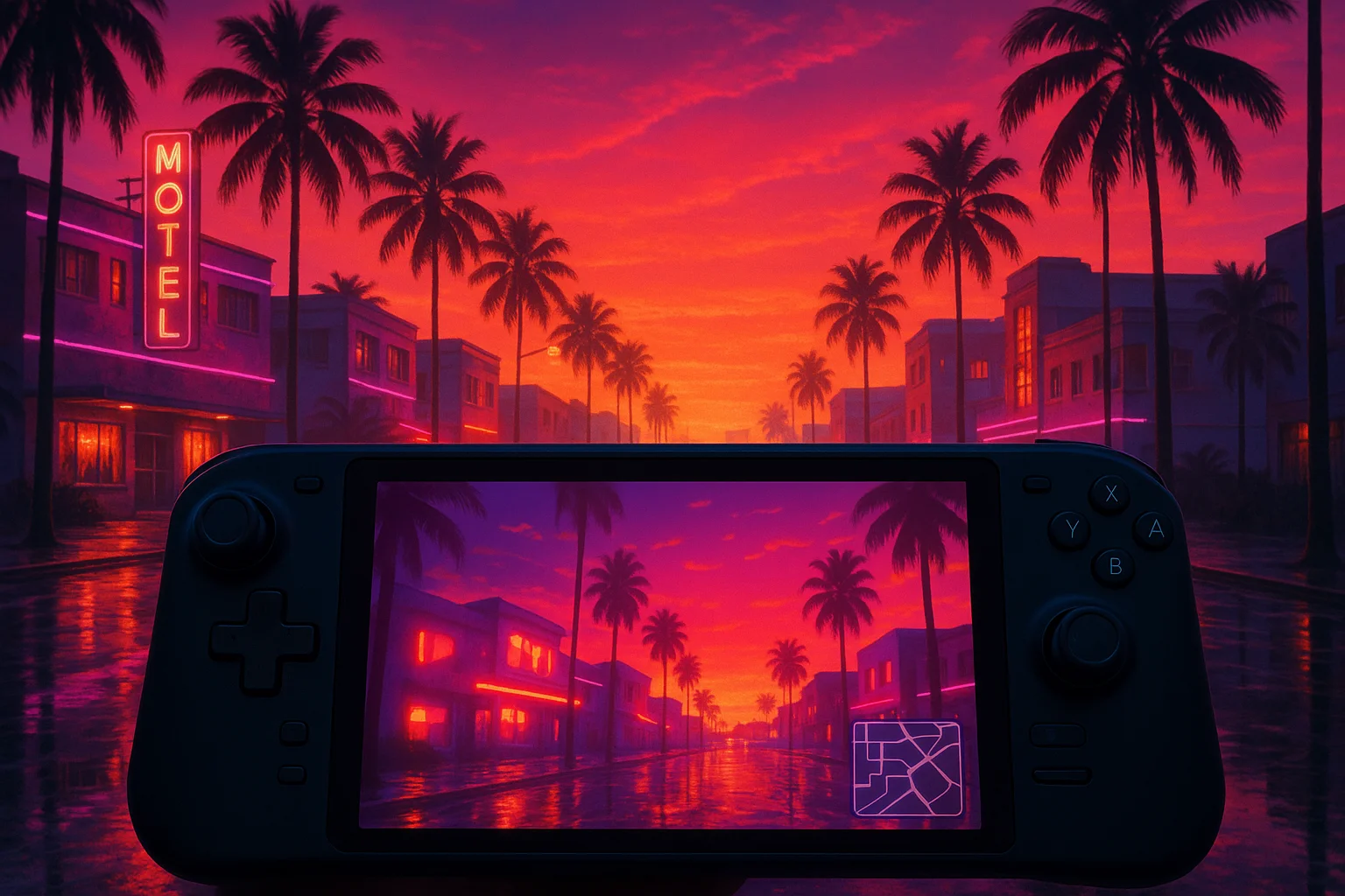handheld gaming device facing a neon coastal skyline at sunset — illustration