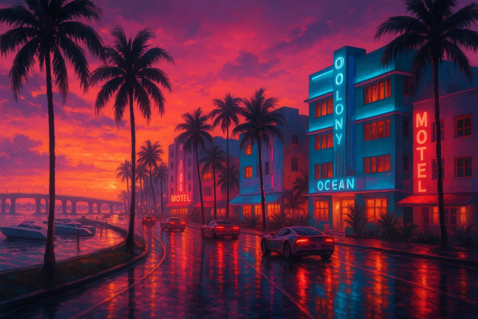 Neon coastal boulevard at sunset with sports cars — illustration