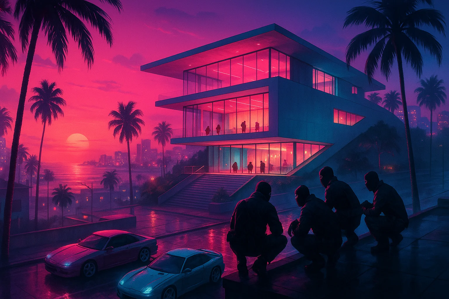 crew scouting a hilltop art museum at neon dusk — illustration