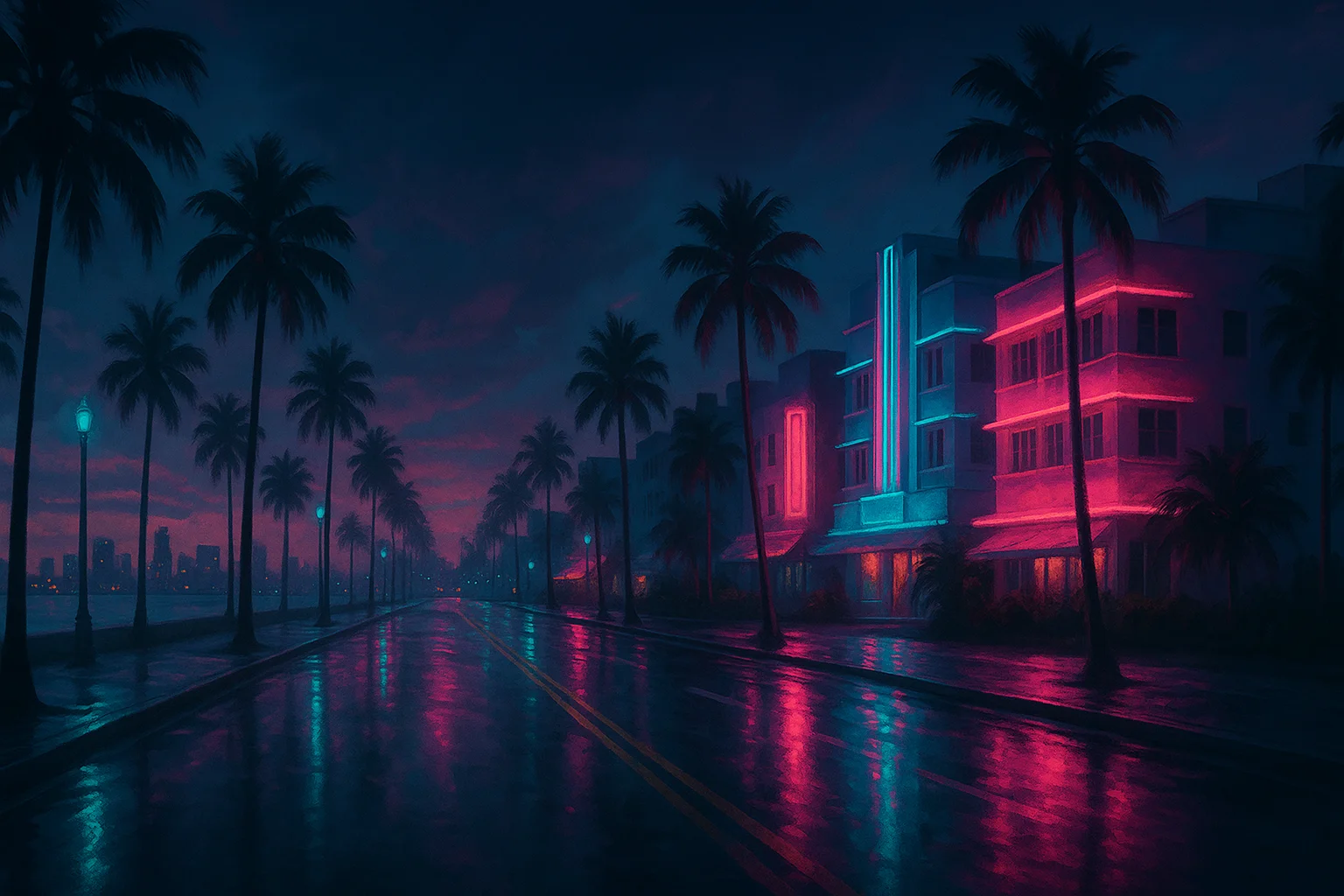 Palm-lined neon boulevard evoking Vice City — illustration
