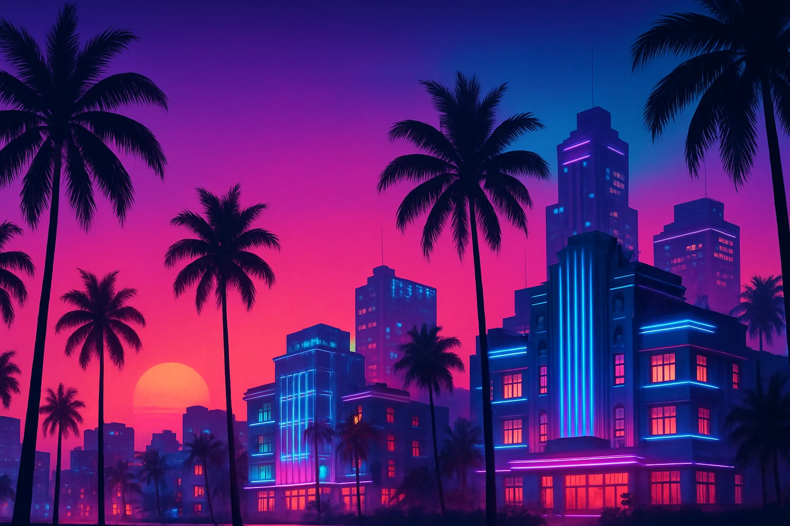 Neon Vice City skyline at sunset — illustration