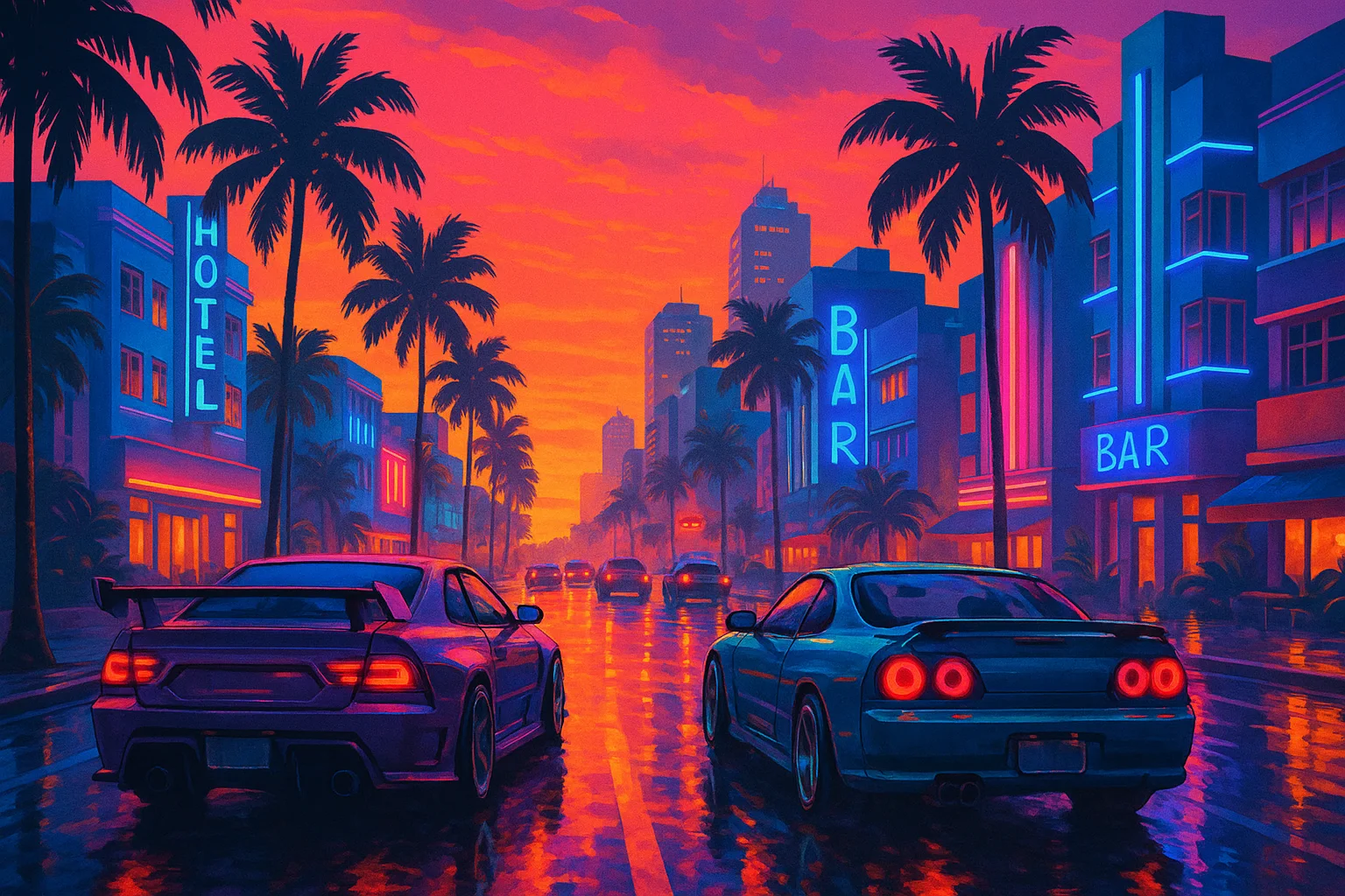 Neon coastal boulevard with customized street racing cars at sunset — illustration