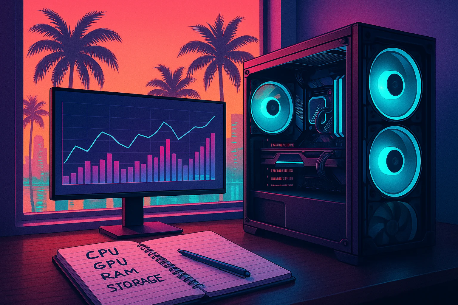 Gaming desktop setup with performance charts and Miami sunset tones — illustration