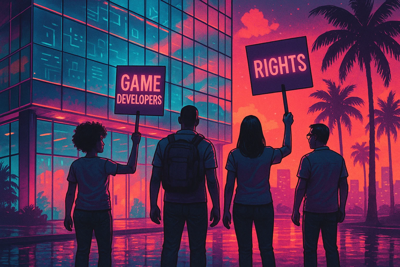 Workers gathering outside a neon-lit game studio at Miami sunset — illustration