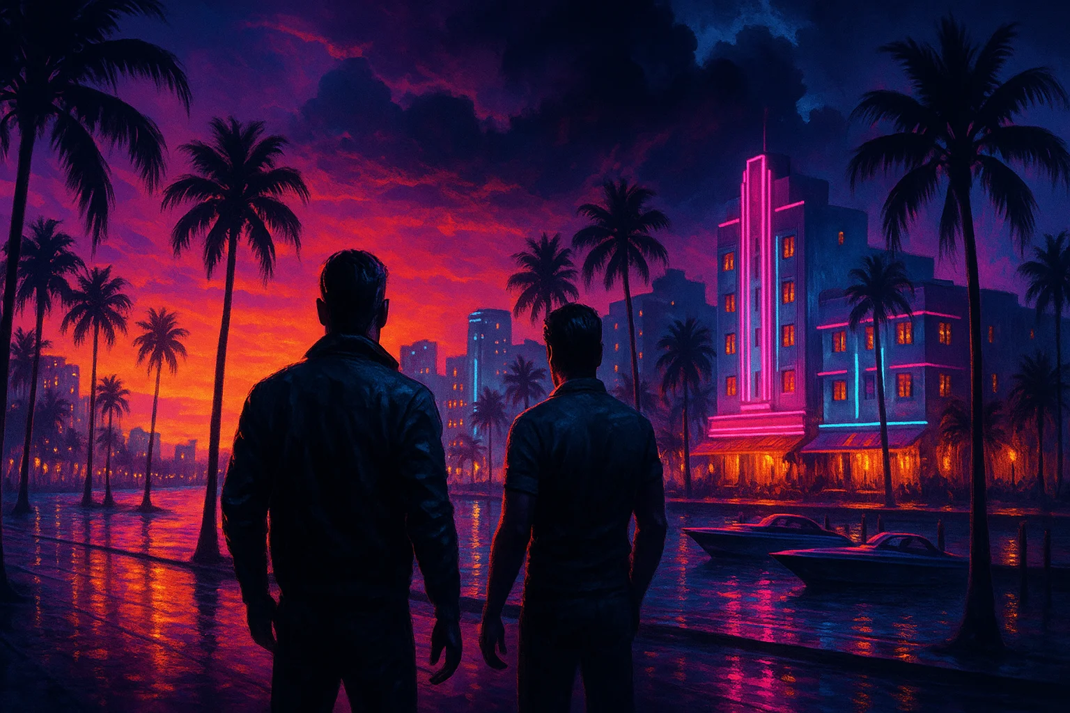 Neon waterfront skyline at sunset with palm trees and speedboats — illustration