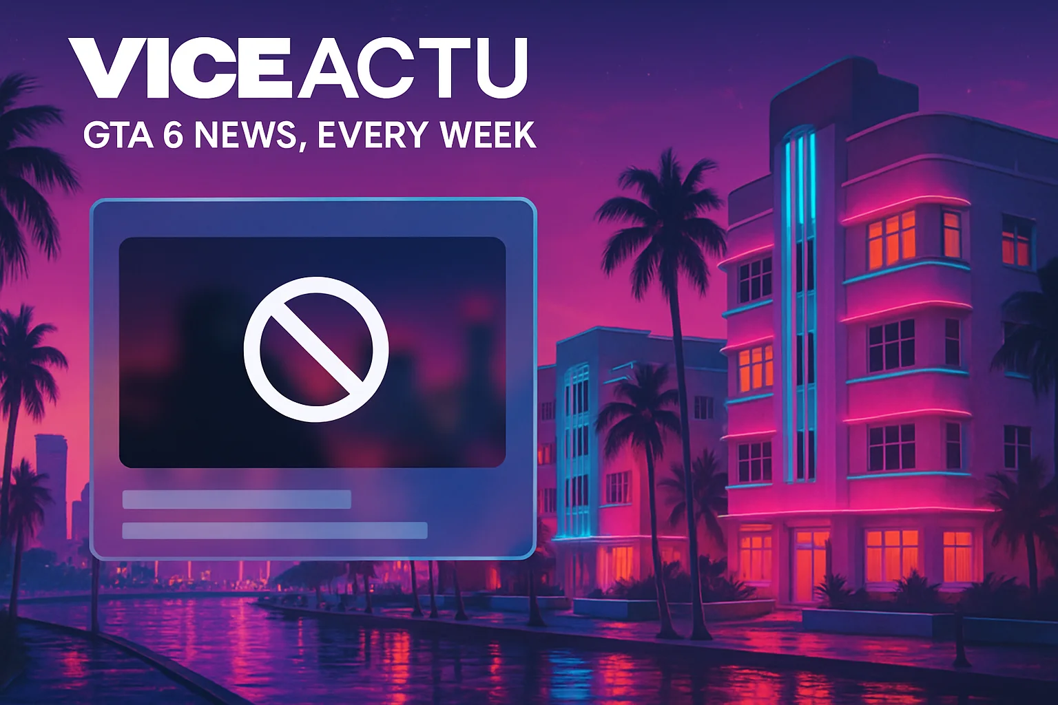 Neon coastal city skyline behind a copyright removal notice — illustration