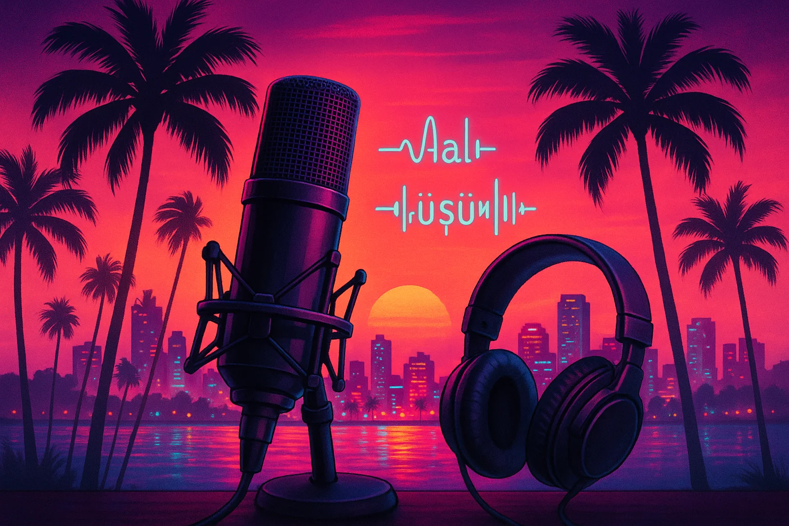 Turkish recording studio microphone against a neon Miami-inspired skyline — illustration