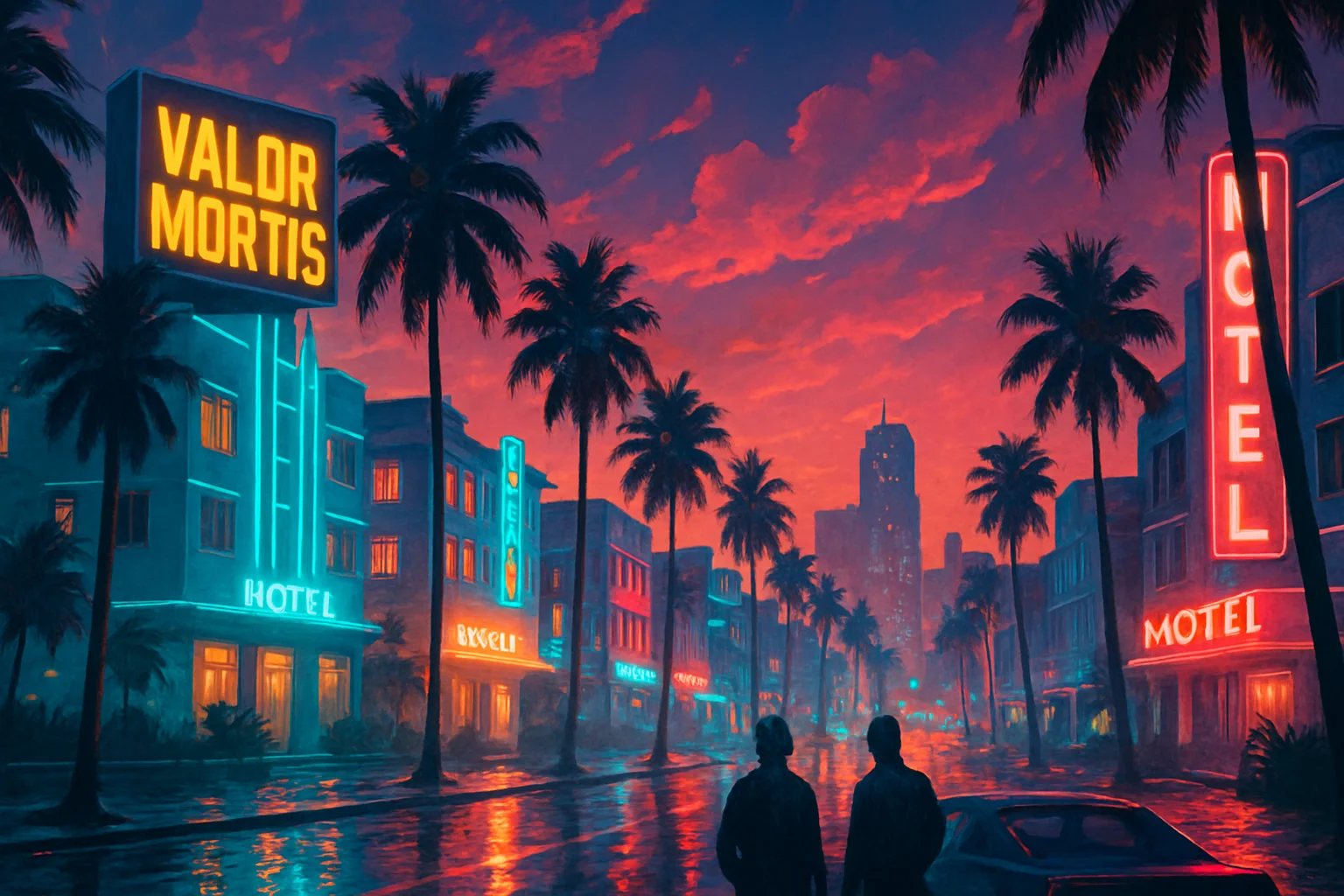 Neon coastal boulevard at sunset with a distant city skyline — illustration