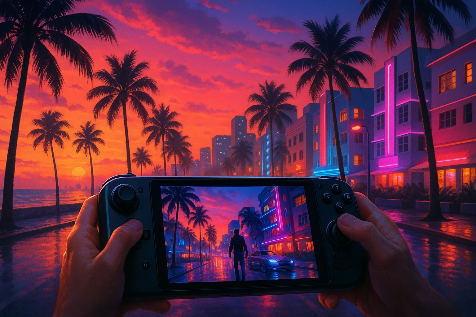 portable gaming handheld displaying a neon coastal open-world scene at sunset — illustration